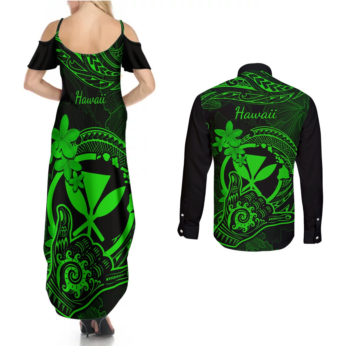 Hawaii Couples Matching Summer Maxi Dress and Long Sleeve Button Shirts Shaka Tattoo Mix Polynesian Plumeria Green Version LT14 - Polynesian Pride