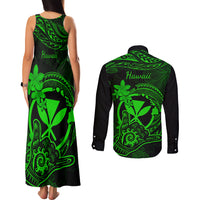 Hawaii Couples Matching Tank Maxi Dress and Long Sleeve Button Shirts Shaka Tattoo Mix Polynesian Plumeria Green Version LT14 - Polynesian Pride
