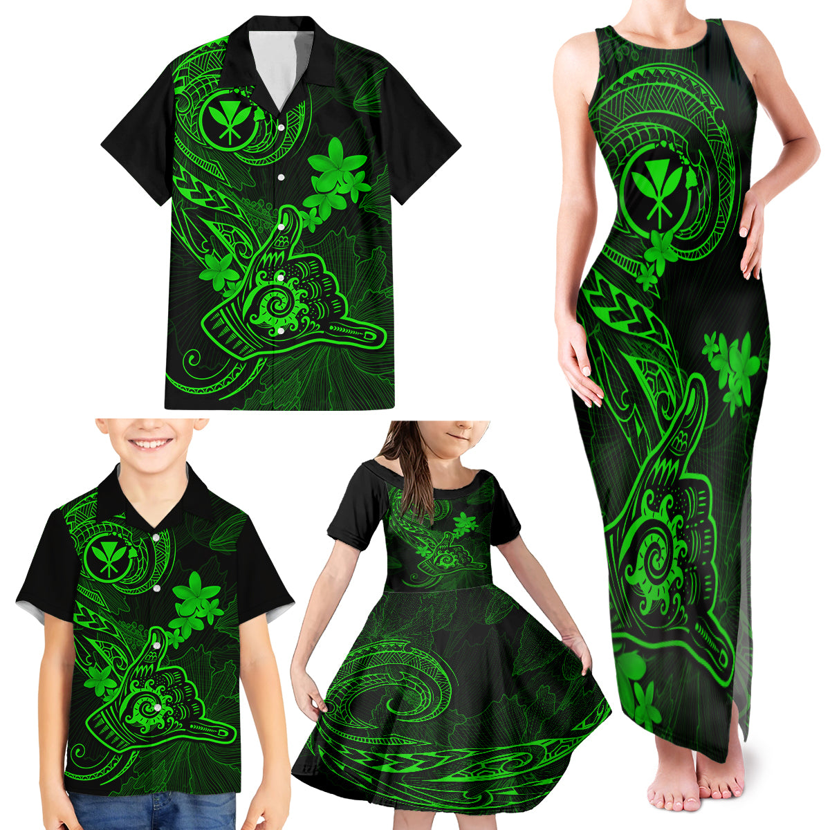 Hawaii Family Matching Tank Maxi Dress and Hawaiian Shirt Shaka Tattoo Mix Polynesian Plumeria Green Version LT14 - Polynesian Pride