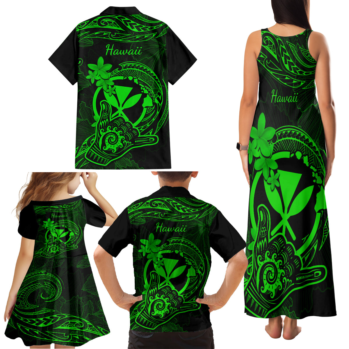 Hawaii Family Matching Tank Maxi Dress and Hawaiian Shirt Shaka Tattoo Mix Polynesian Plumeria Green Version LT14 - Polynesian Pride