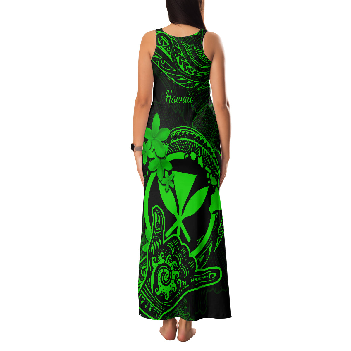 Hawaii Family Matching Tank Maxi Dress and Hawaiian Shirt Shaka Tattoo Mix Polynesian Plumeria Green Version LT14 - Polynesian Pride