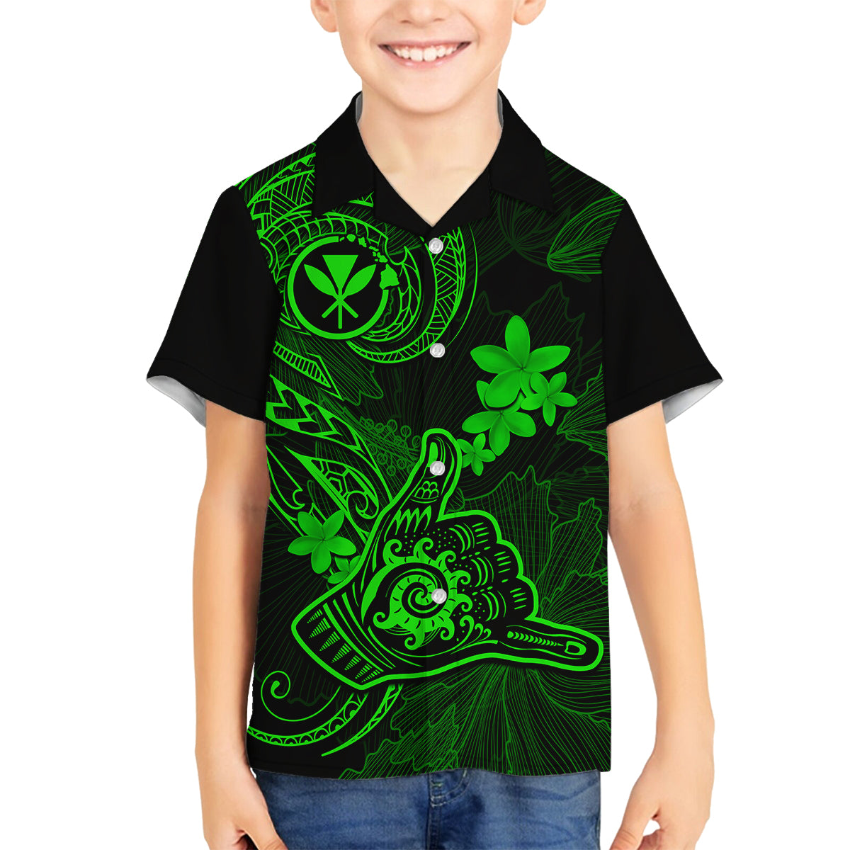 hawaii-kid-hawaiian-shirt-shaka-tattoo-mix-polynesian-plumeria-green-version