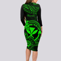 hawaii-long-sleeve-bodycon-dress-shaka-tattoo-mix-polynesian-plumeria-green-version