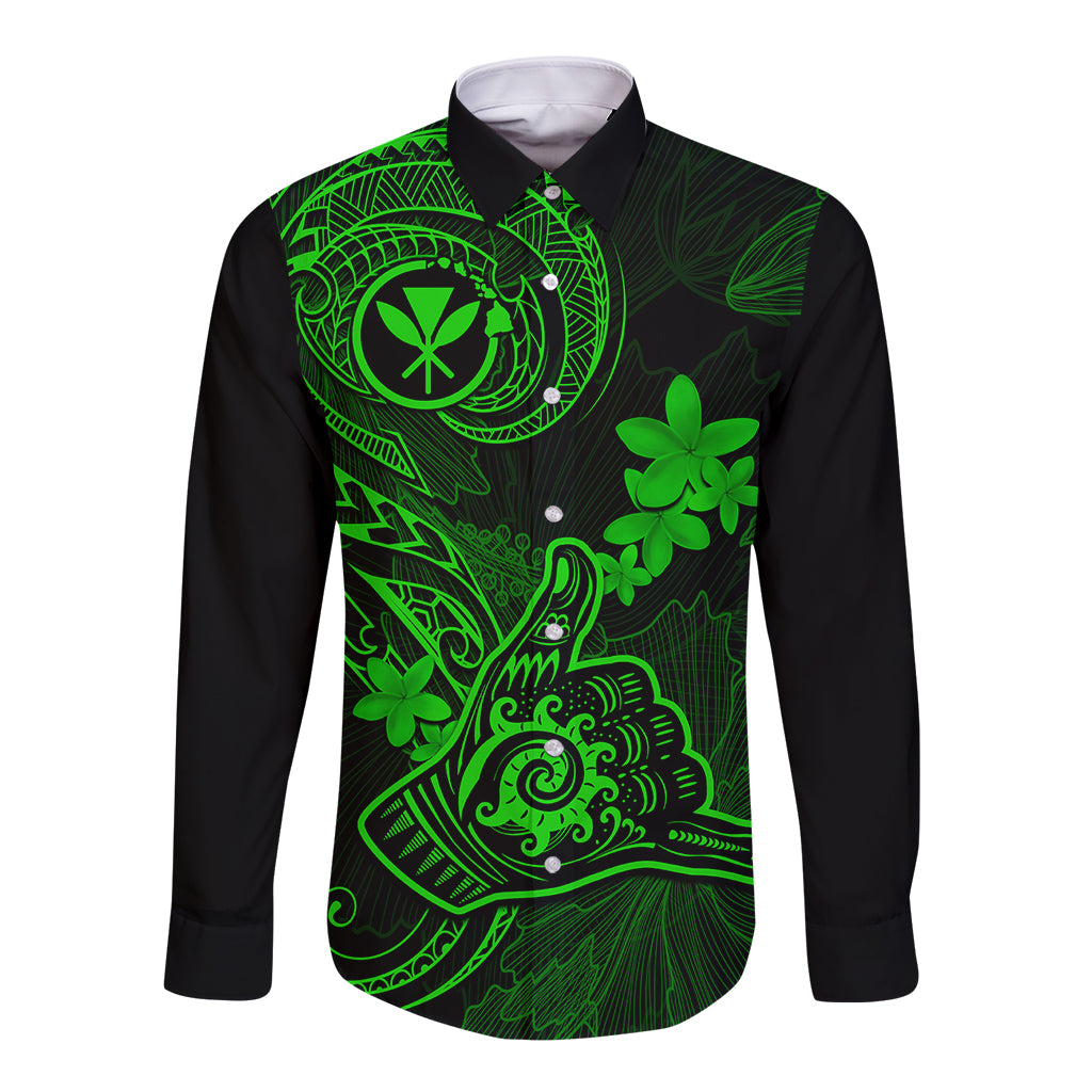 hawaii-long-sleeve-button-shirt-shaka-tattoo-mix-polynesian-plumeria-green-version