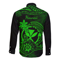 hawaii-long-sleeve-button-shirt-shaka-tattoo-mix-polynesian-plumeria-green-version