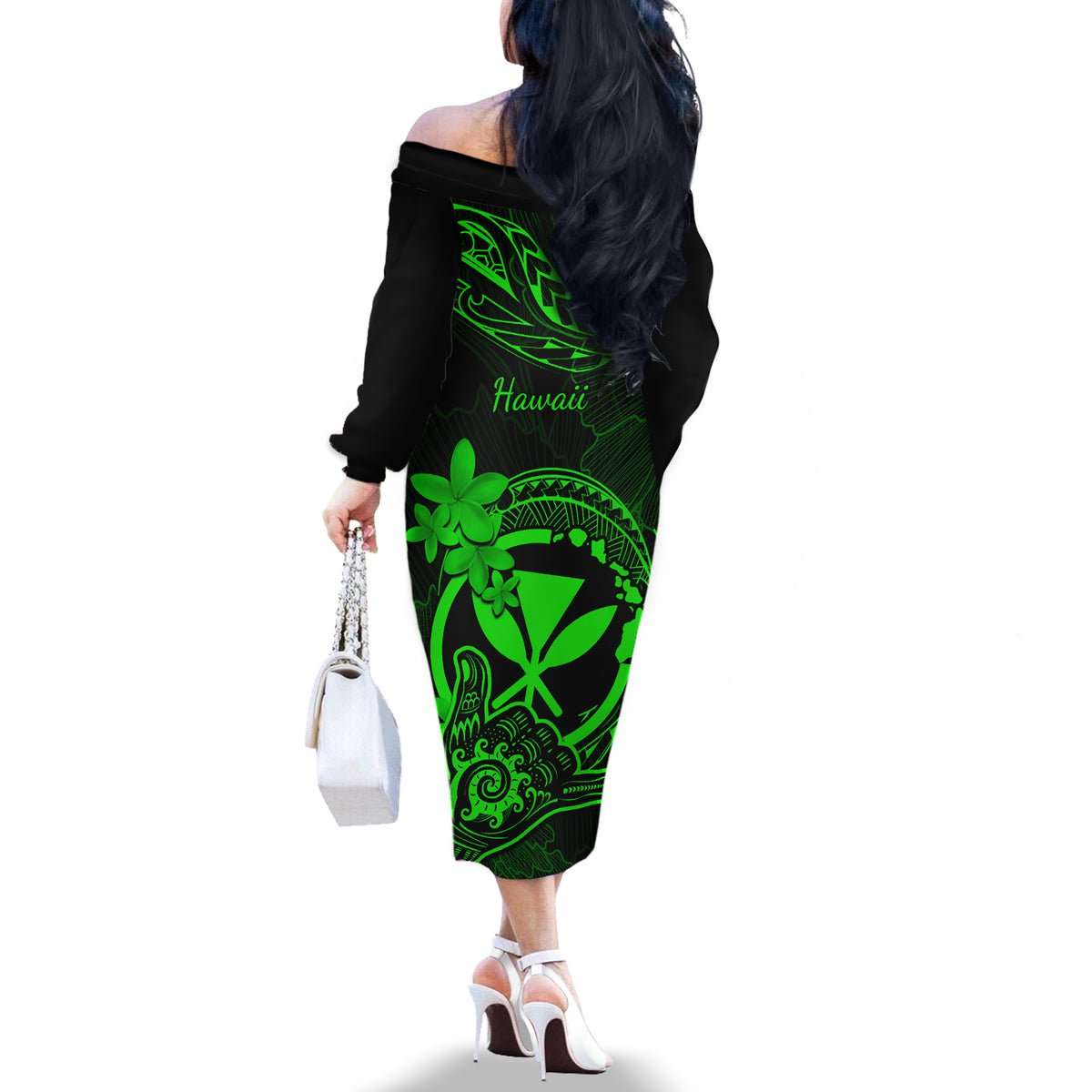 hawaii-off-the-shoulder-long-sleeve-dress-shaka-tattoo-mix-polynesian-plumeria-green-version