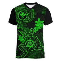 hawaii-women-v-neck-t-shirt-shaka-tattoo-mix-polynesian-plumeria-green-version