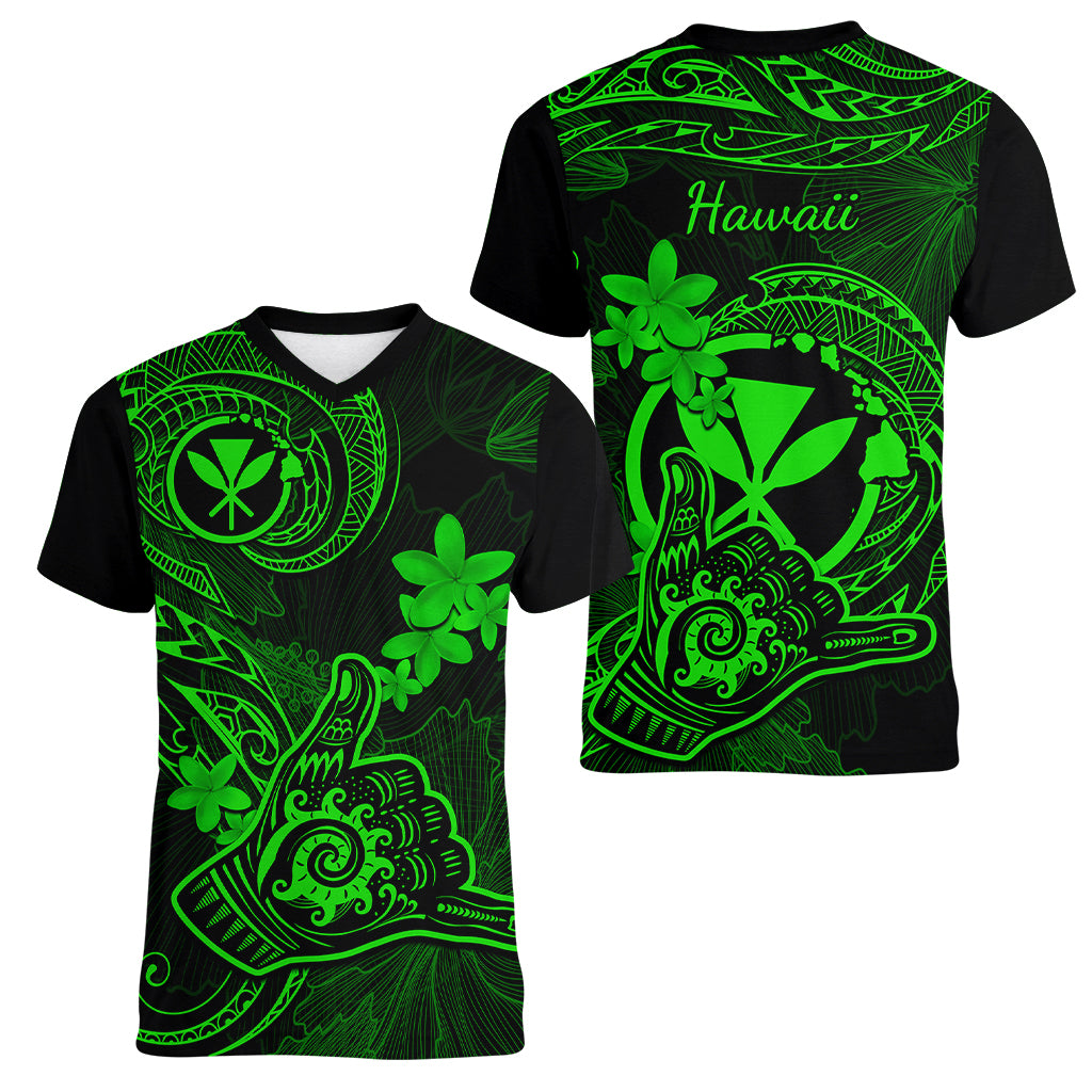 hawaii-women-v-neck-t-shirt-shaka-tattoo-mix-polynesian-plumeria-green-version