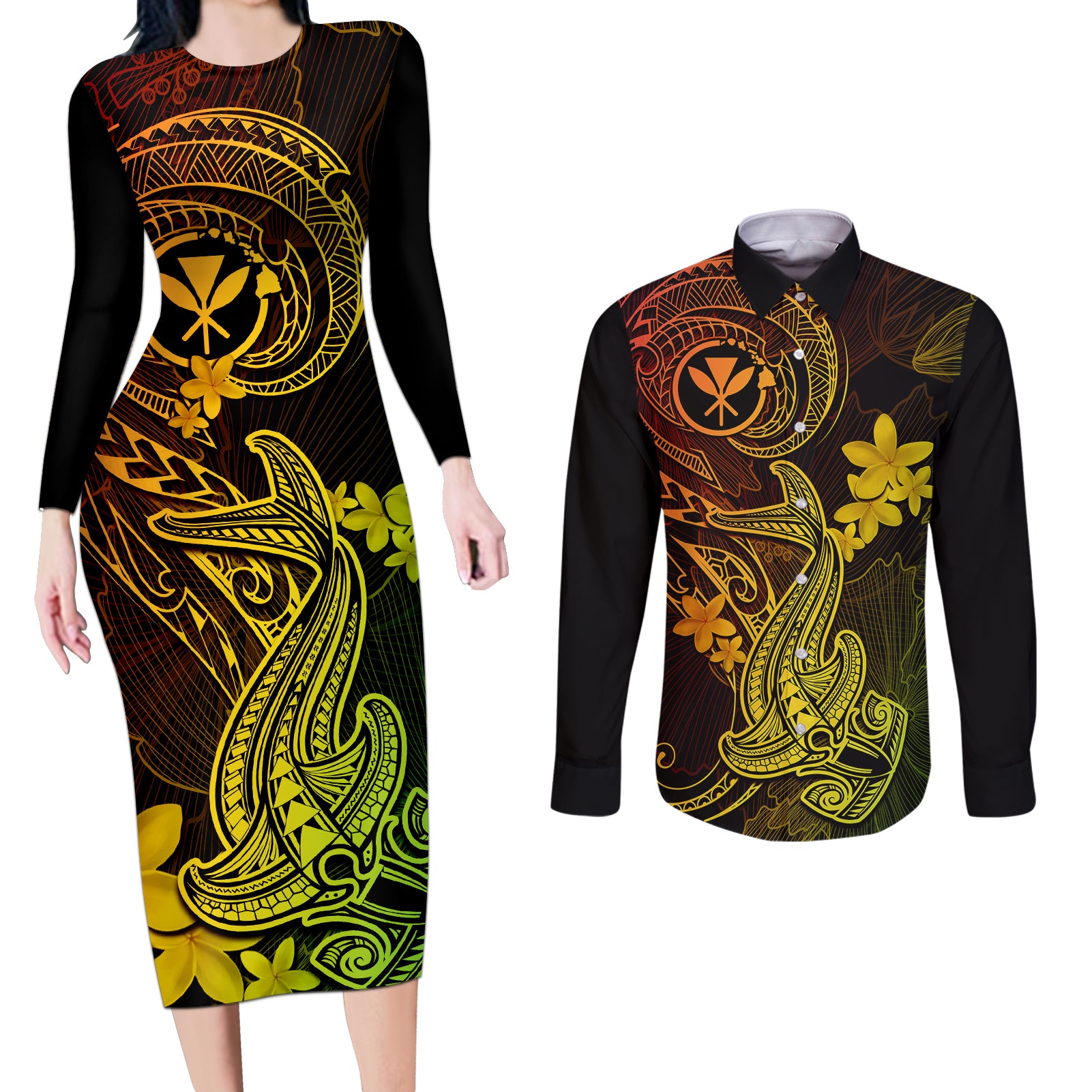 hawaii-couples-matching-long-sleeve-bodycon-dress-and-long-sleeve-button-shirts-hammerhead-shark-tattoo-mix-polynesian-plumeria-reggae-version