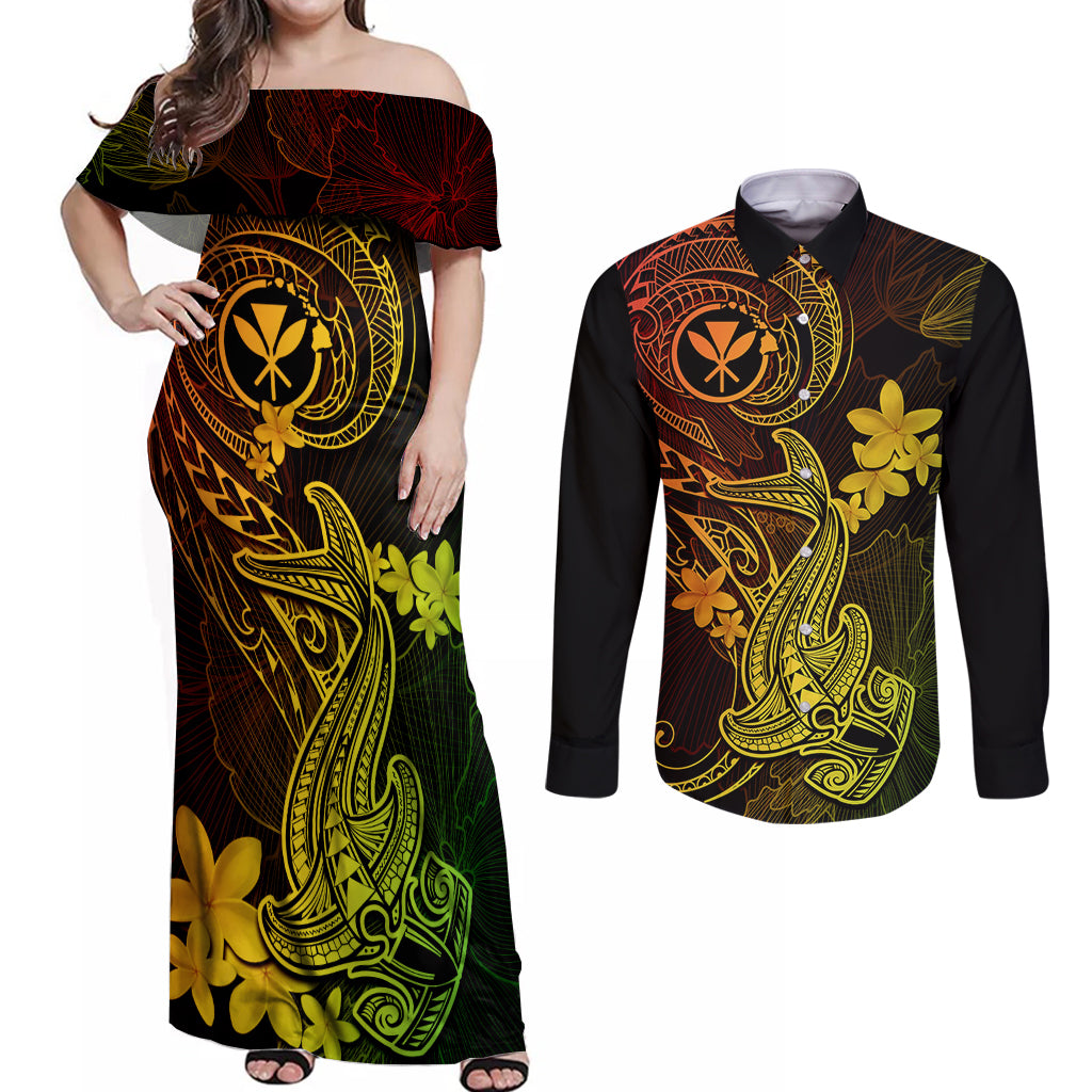Hawaii Couples Matching Off Shoulder Maxi Dress and Long Sleeve Button Shirts Hammerhead Shark Tattoo Mix Polynesian Plumeria Reggae Version LT14 Reggae - Polynesian Pride