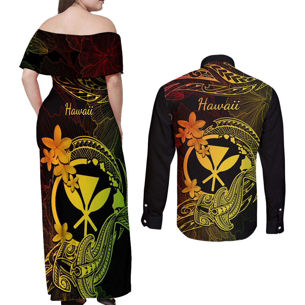 Hawaii Couples Matching Off Shoulder Maxi Dress and Long Sleeve Button Shirts Hammerhead Shark Tattoo Mix Polynesian Plumeria Reggae Version LT14 - Polynesian Pride