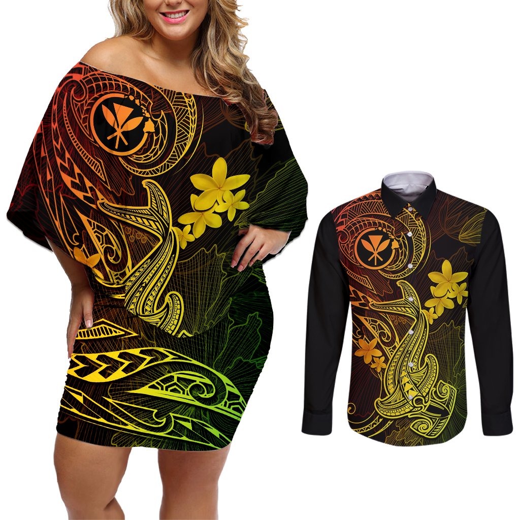 Hawaii Couples Matching Off Shoulder Short Dress and Long Sleeve Button Shirts Hammerhead Shark Tattoo Mix Polynesian Plumeria Reggae Version LT14 Reggae - Polynesian Pride