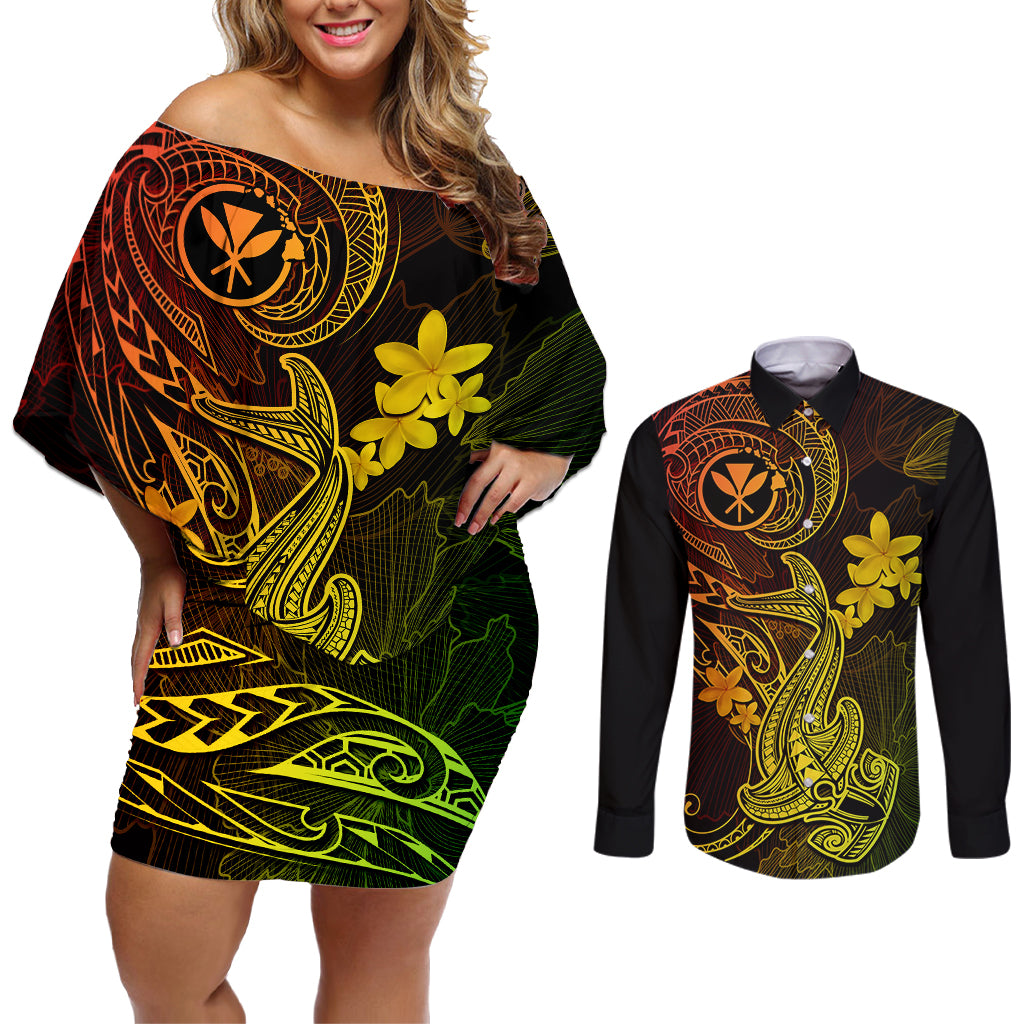 hawaii-couples-matching-off-shoulder-short-dress-and-long-sleeve-button-shirts-hammerhead-shark-tattoo-mix-polynesian-plumeria-reggae-version