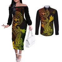 Hawaii Couples Matching Off The Shoulder Long Sleeve Dress and Long Sleeve Button Shirts Hammerhead Shark Tattoo Mix Polynesian Plumeria Reggae Version LT14 Reggae - Polynesian Pride