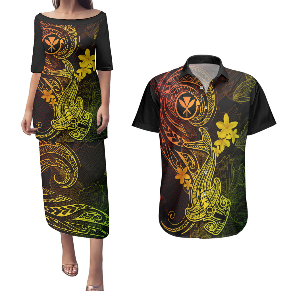 hawaii-couples-matching-puletasi-dress-and-hawaiian-shirt-hammerhead-shark-tattoo-mix-polynesian-plumeria-reggae-version