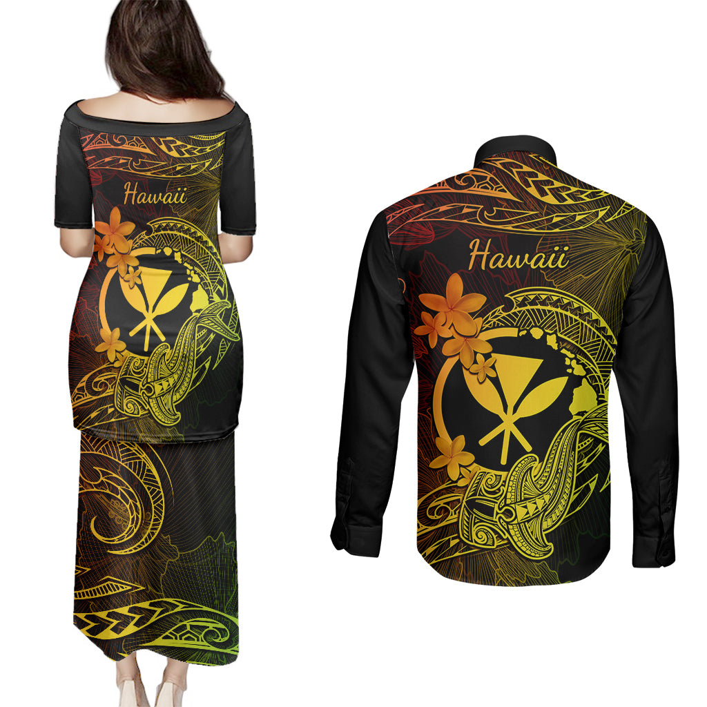 Hawaii Couples Matching Puletasi Dress and Long Sleeve Button Shirts Hammerhead Shark Tattoo Mix Polynesian Plumeria Reggae Version LT14 - Polynesian Pride