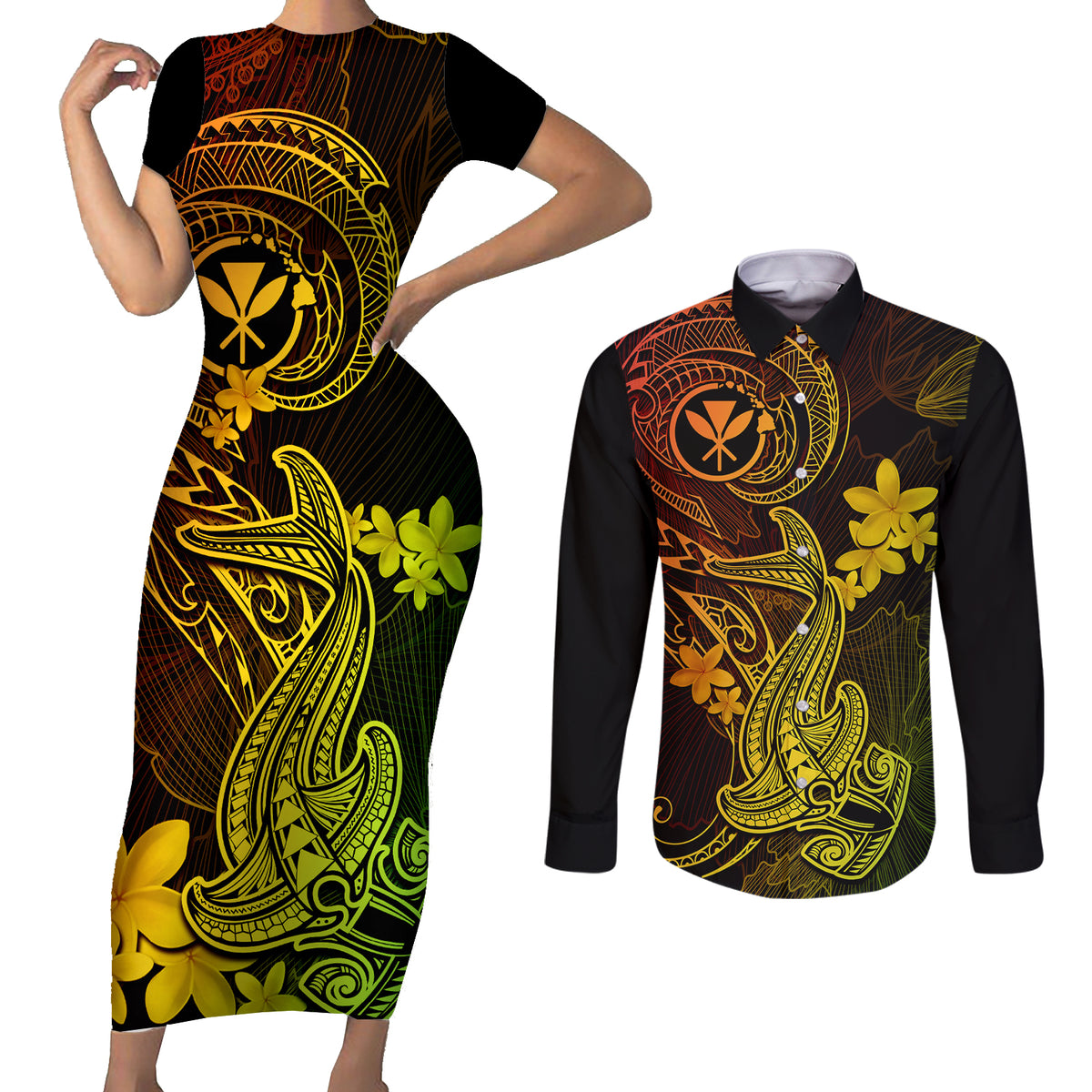 Hawaii Couples Matching Short Sleeve Bodycon Dress and Long Sleeve Button Shirts Hammerhead Shark Tattoo Mix Polynesian Plumeria Reggae Version LT14 Reggae - Polynesian Pride