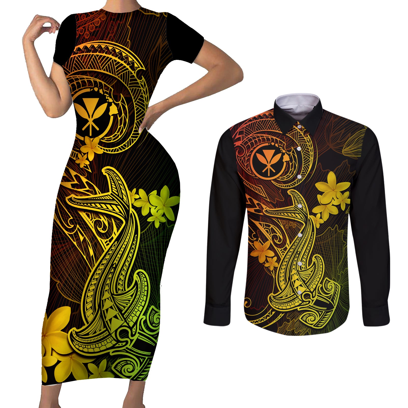 hawaii-couples-matching-short-sleeve-bodycon-dress-and-long-sleeve-button-shirts-hammerhead-shark-tattoo-mix-polynesian-plumeria-reggae-version