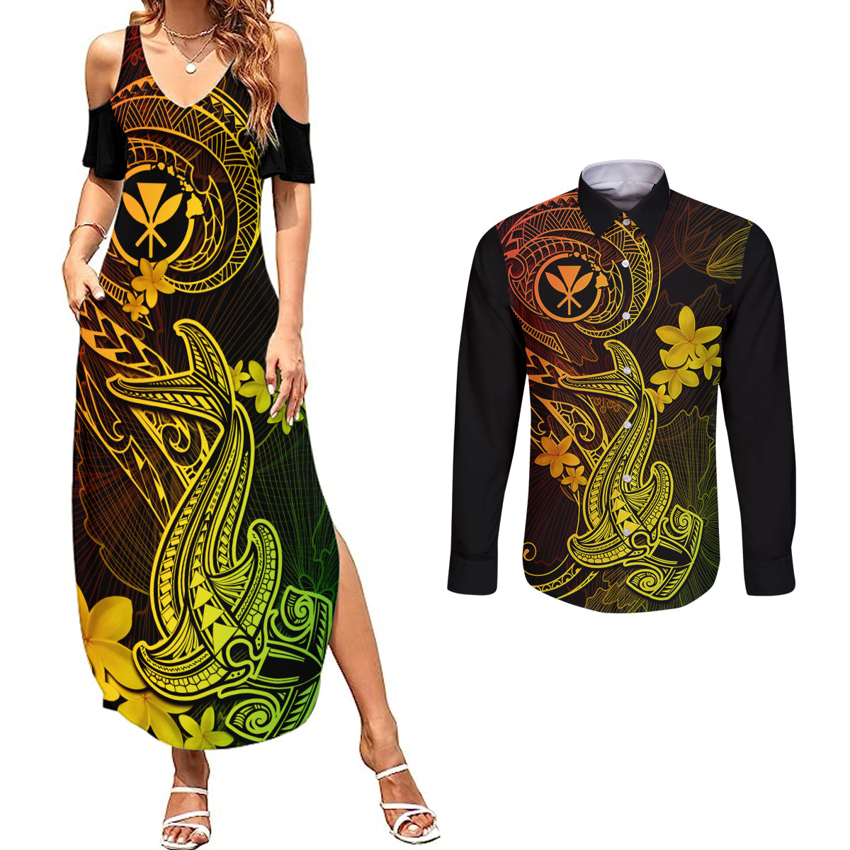 hawaii-couples-matching-summer-maxi-dress-and-long-sleeve-button-shirts-hammerhead-shark-tattoo-mix-polynesian-plumeria-reggae-version