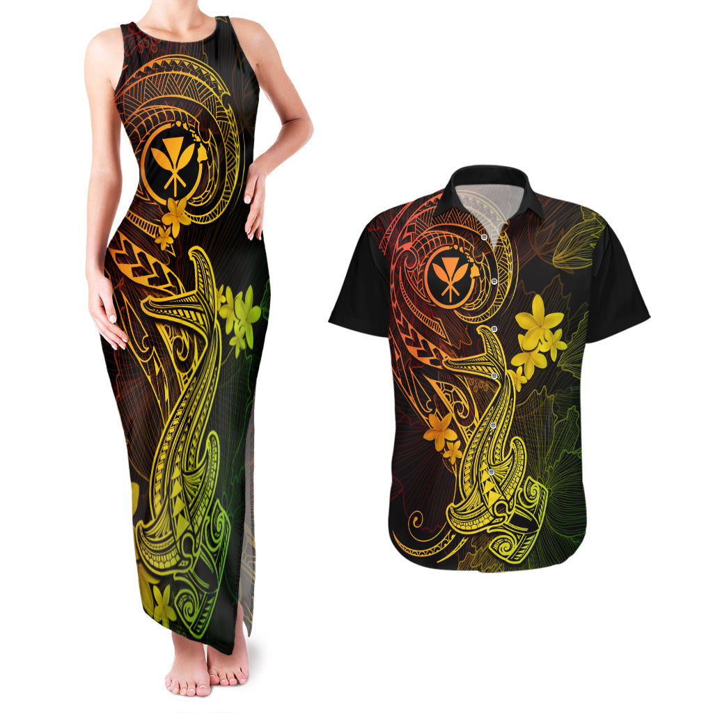 Hawaii Couples Matching Tank Maxi Dress and Hawaiian Shirt Hammerhead Shark Tattoo Mix Polynesian Plumeria Reggae Version LT14 Reggae - Polynesian Pride