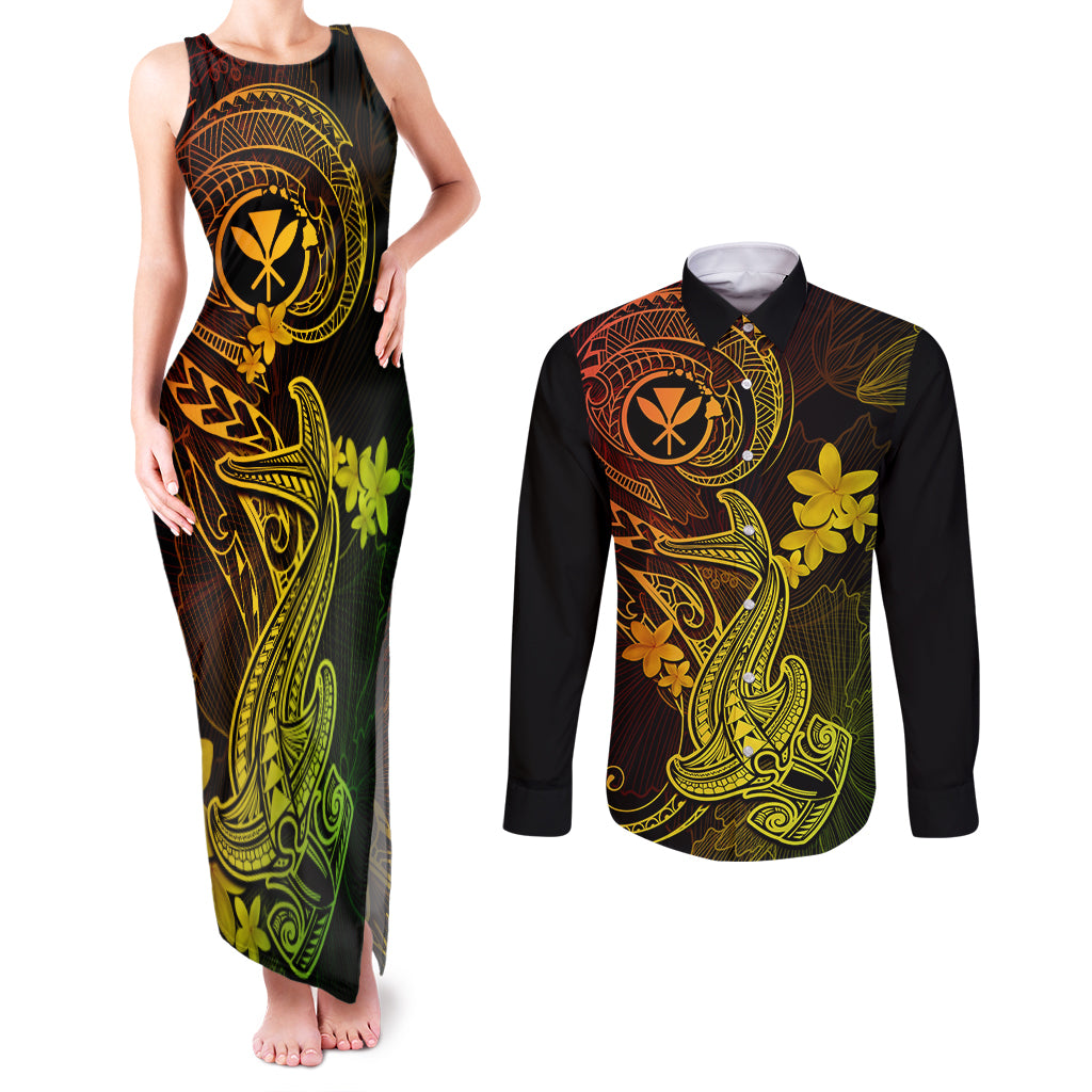 hawaii-couples-matching-tank-maxi-dress-and-long-sleeve-button-shirts-hammerhead-shark-tattoo-mix-polynesian-plumeria-reggae-version