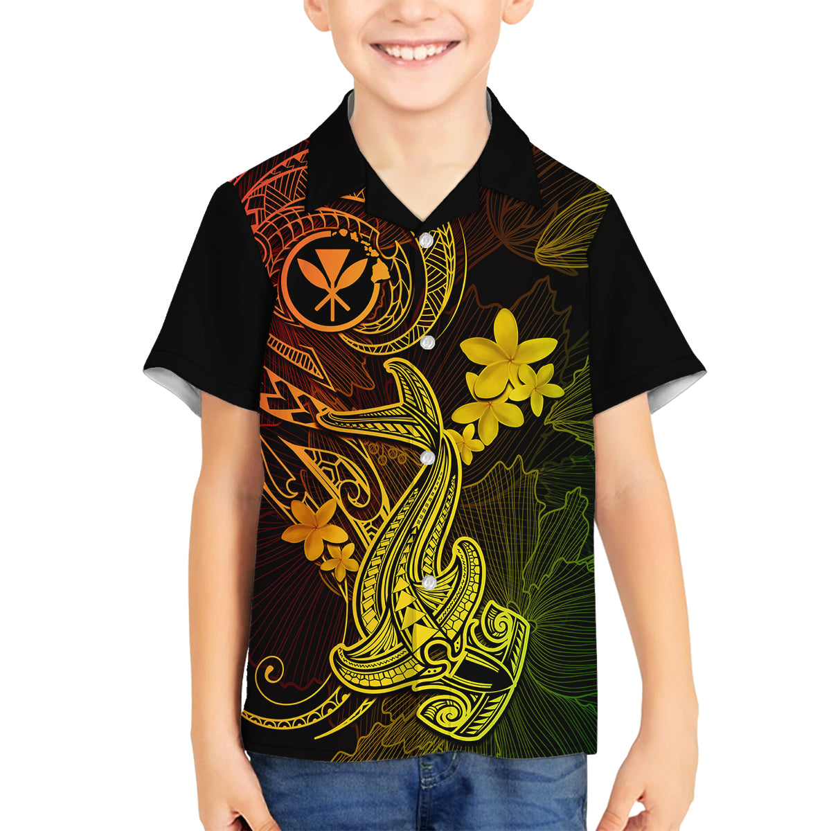 hawaii-family-matching-off-shoulder-maxi-dress-and-hawaiian-shirt-hammerhead-shark-tattoo-mix-polynesian-plumeria-reggae-version