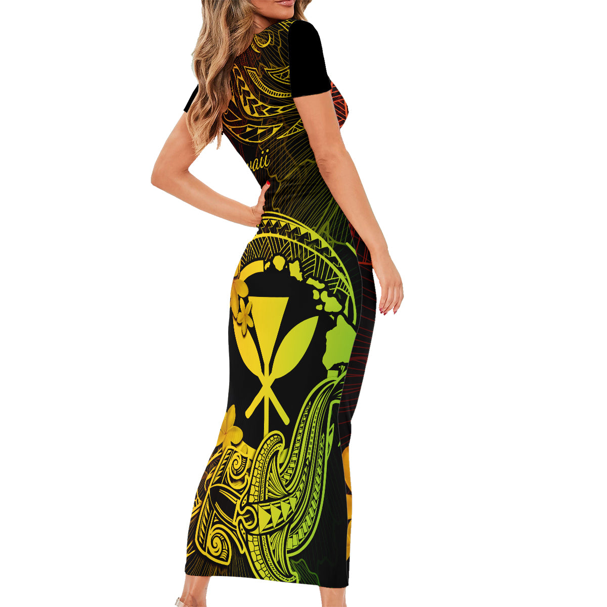 hawaii-family-matching-short-sleeve-bodycon-dress-and-hawaiian-shirt-hammerhead-shark-tattoo-mix-polynesian-plumeria-reggae-version