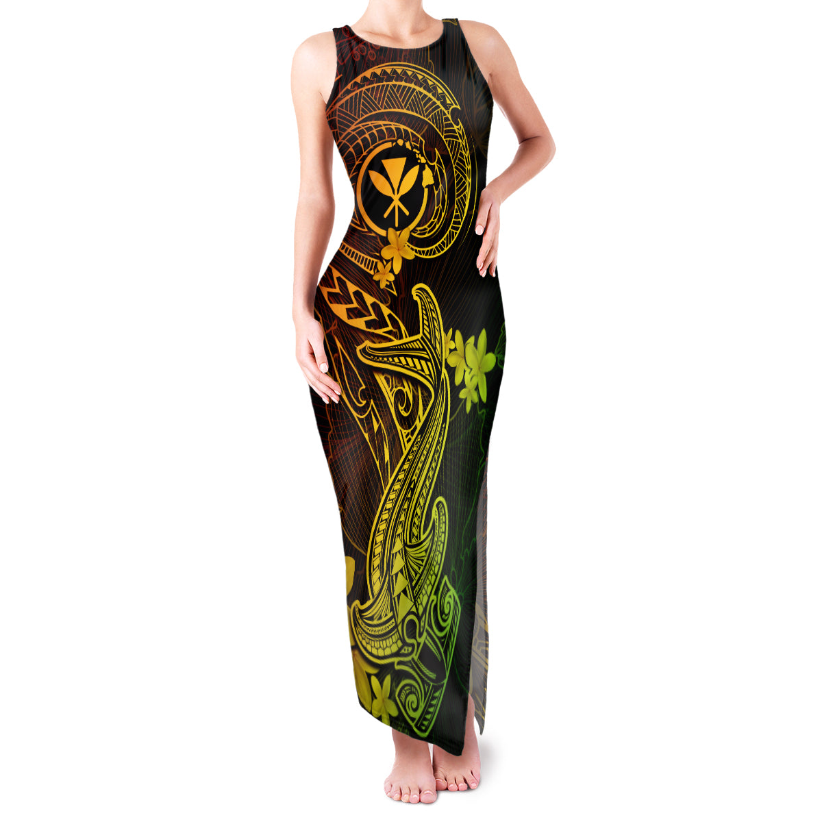 Hawaii Family Matching Tank Maxi Dress and Hawaiian Shirt Hammerhead Shark Tattoo Mix Polynesian Plumeria Reggae Version LT14 Mom's Dress Reggae - Polynesian Pride