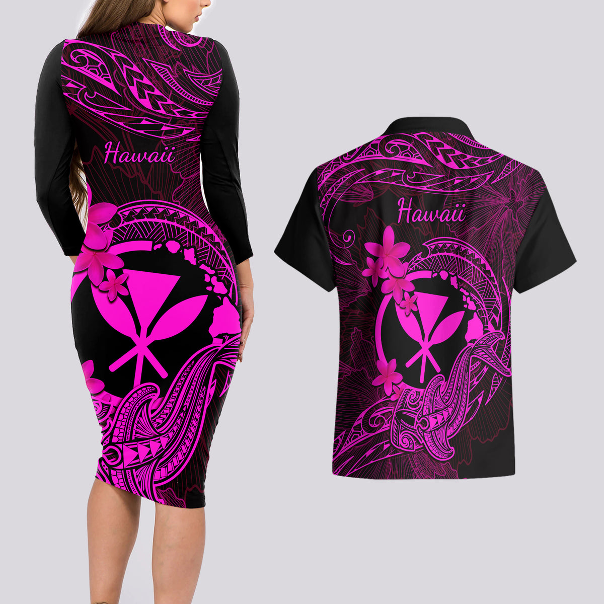 hawaii-couples-matching-long-sleeve-bodycon-dress-and-hawaiian-shirt-hammerhead-shark-tattoo-mix-polynesian-plumeria-pink-version