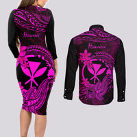 Hawaii Couples Matching Long Sleeve Bodycon Dress and Long Sleeve Button Shirts Hammerhead Shark Tattoo Mix Polynesian Plumeria Pink Version LT14 - Polynesian Pride