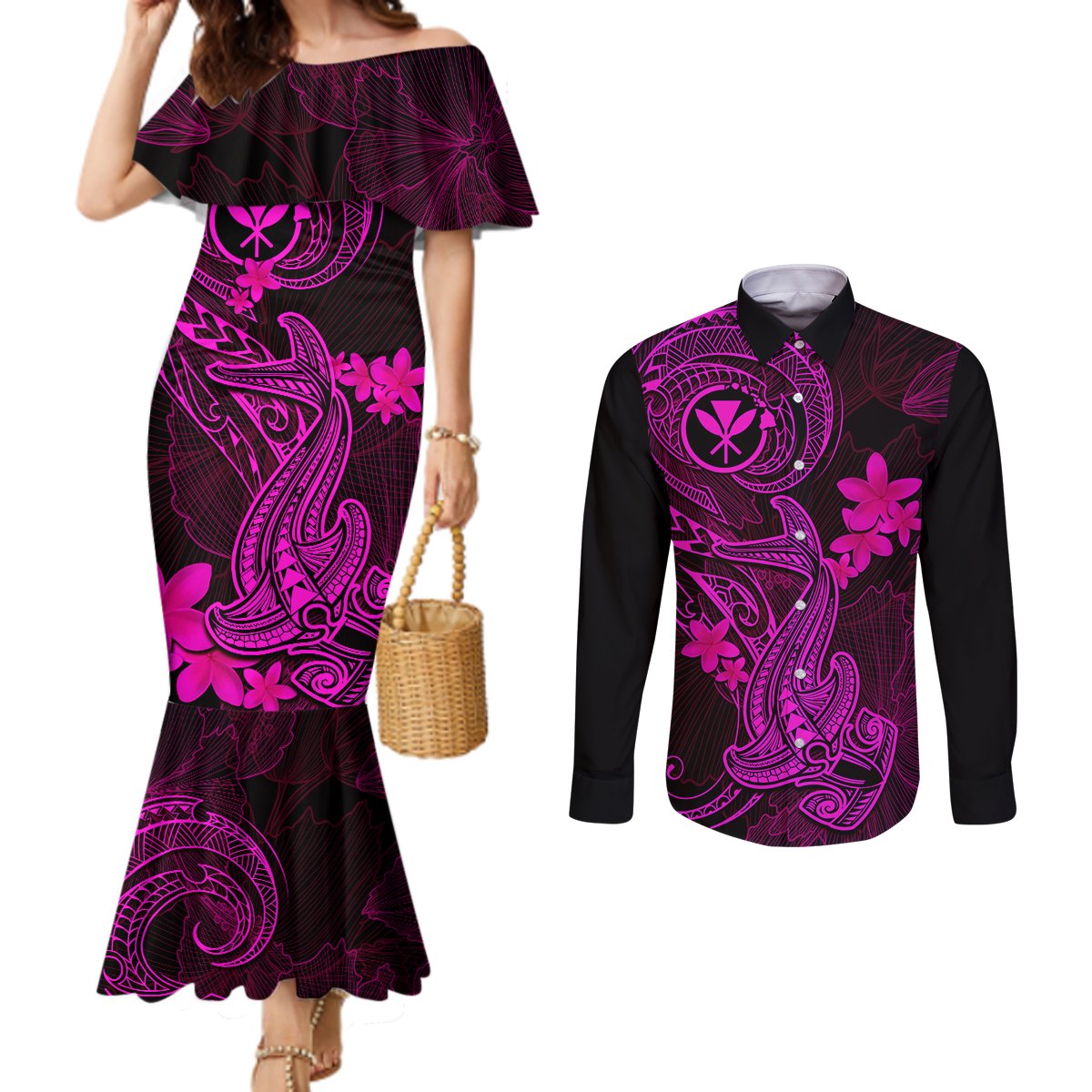 Hawaii Couples Matching Mermaid Dress and Long Sleeve Button Shirts Hammerhead Shark Tattoo Mix Polynesian Plumeria Pink Version LT14 Pink - Polynesian Pride