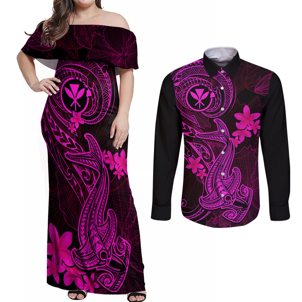 hawaii-couples-matching-off-shoulder-maxi-dress-and-long-sleeve-button-shirts-hammerhead-shark-tattoo-mix-polynesian-plumeria-pink-version