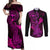 hawaii-couples-matching-off-shoulder-maxi-dress-and-long-sleeve-button-shirts-hammerhead-shark-tattoo-mix-polynesian-plumeria-pink-version