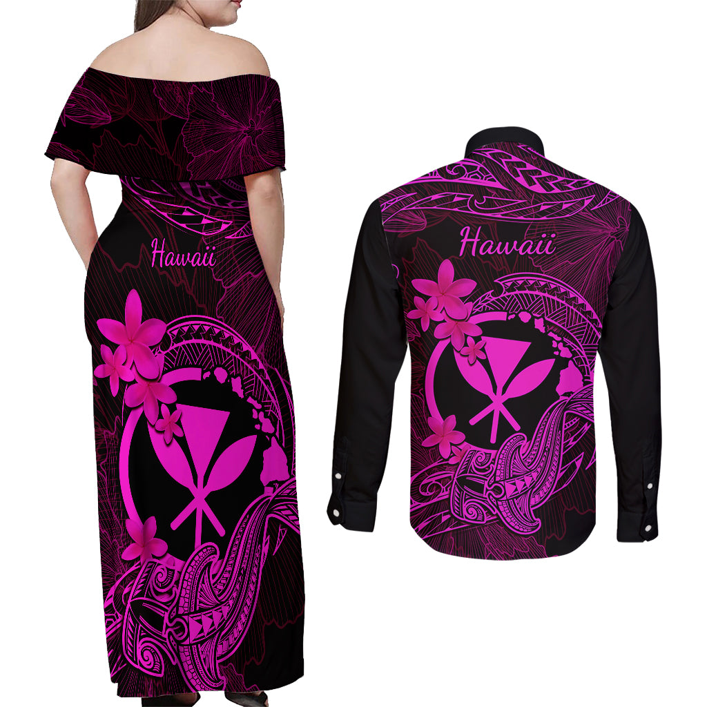 Hawaii Couples Matching Off Shoulder Maxi Dress and Long Sleeve Button Shirts Hammerhead Shark Tattoo Mix Polynesian Plumeria Pink Version LT14 - Polynesian Pride