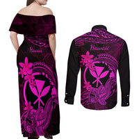 Hawaii Couples Matching Off Shoulder Maxi Dress and Long Sleeve Button Shirts Hammerhead Shark Tattoo Mix Polynesian Plumeria Pink Version LT14 - Polynesian Pride