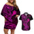 hawaii-couples-matching-off-shoulder-short-dress-and-hawaiian-shirt-hammerhead-shark-tattoo-mix-polynesian-plumeria-pink-version