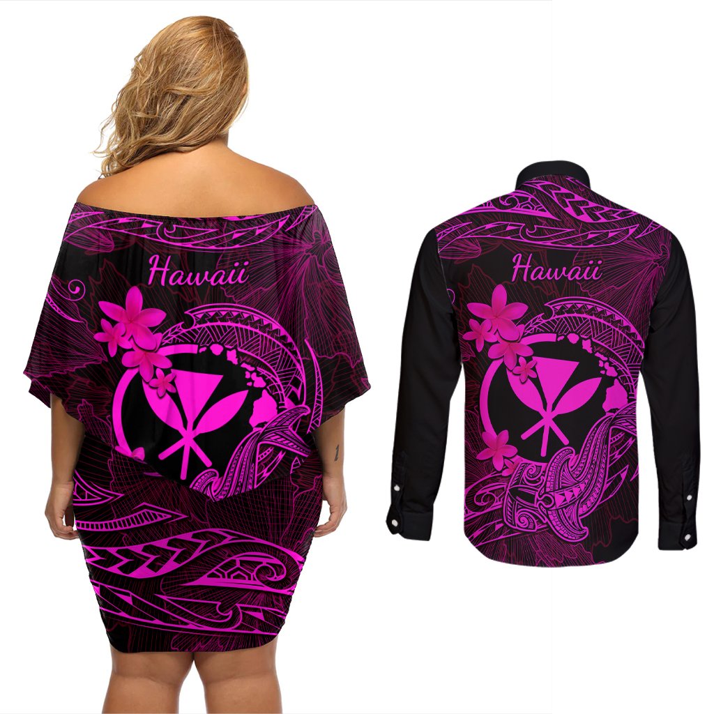 Hawaii Couples Matching Off Shoulder Short Dress and Long Sleeve Button Shirts Hammerhead Shark Tattoo Mix Polynesian Plumeria Pink Version LT14 - Polynesian Pride