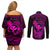 hawaii-couples-matching-off-shoulder-short-dress-and-long-sleeve-button-shirts-hammerhead-shark-tattoo-mix-polynesian-plumeria-pink-version