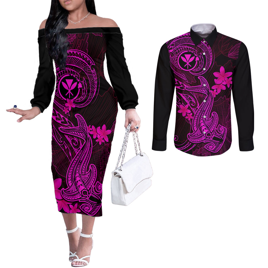 Hawaii Couples Matching Off The Shoulder Long Sleeve Dress and Long Sleeve Button Shirts Hammerhead Shark Tattoo Mix Polynesian Plumeria Pink Version LT14 Pink - Polynesian Pride