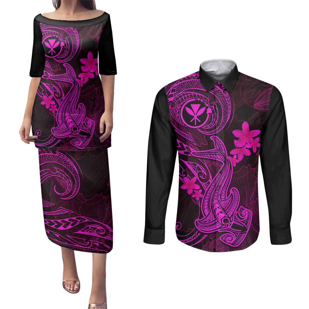 hawaii-couples-matching-puletasi-dress-and-long-sleeve-button-shirts-hammerhead-shark-tattoo-mix-polynesian-plumeria-pink-version