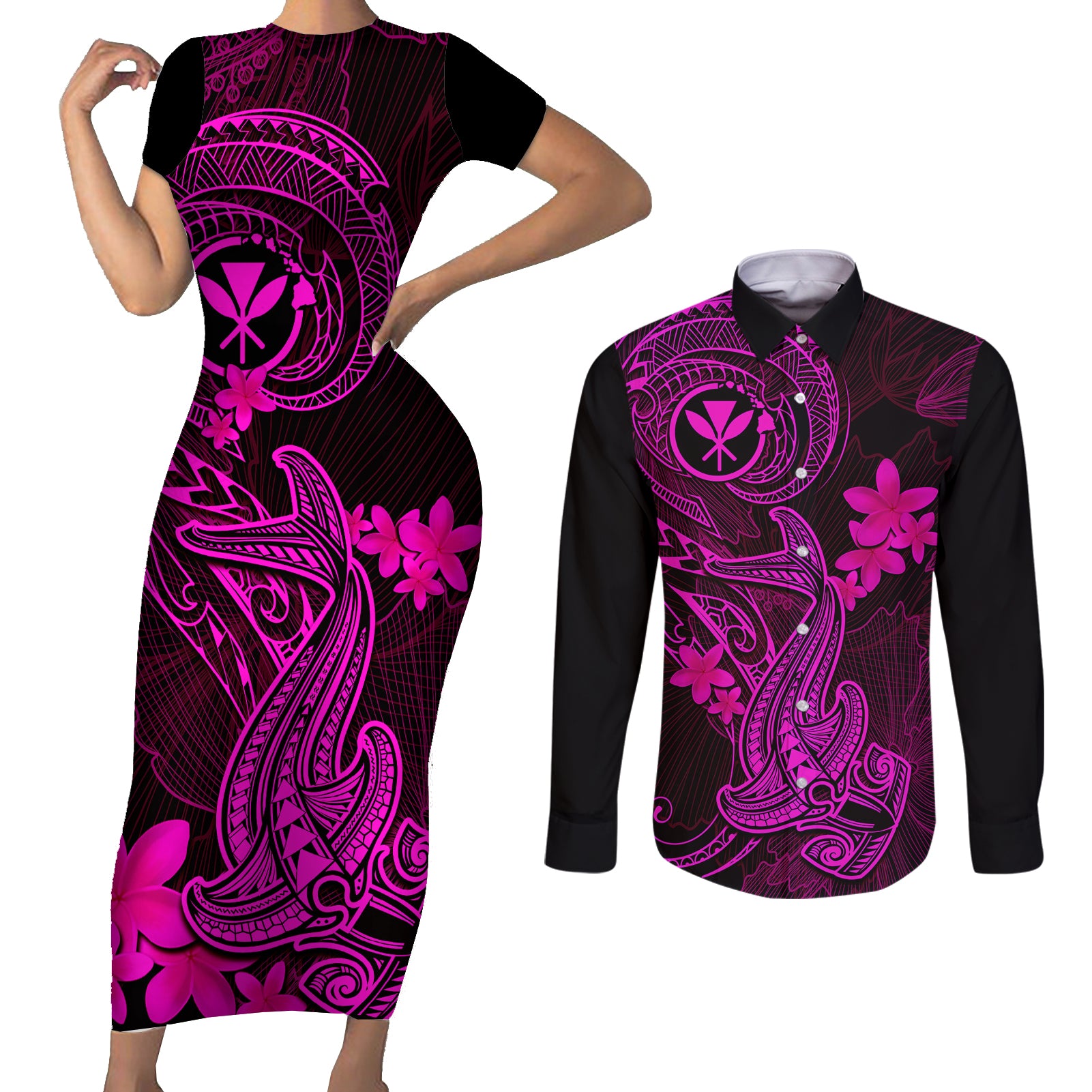 hawaii-couples-matching-short-sleeve-bodycon-dress-and-long-sleeve-button-shirts-hammerhead-shark-tattoo-mix-polynesian-plumeria-pink-version