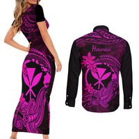 Hawaii Couples Matching Short Sleeve Bodycon Dress and Long Sleeve Button Shirts Hammerhead Shark Tattoo Mix Polynesian Plumeria Pink Version LT14 - Polynesian Pride