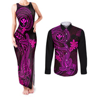 Hawaii Couples Matching Tank Maxi Dress and Long Sleeve Button Shirts Hammerhead Shark Tattoo Mix Polynesian Plumeria Pink Version LT14 Pink - Polynesian Pride