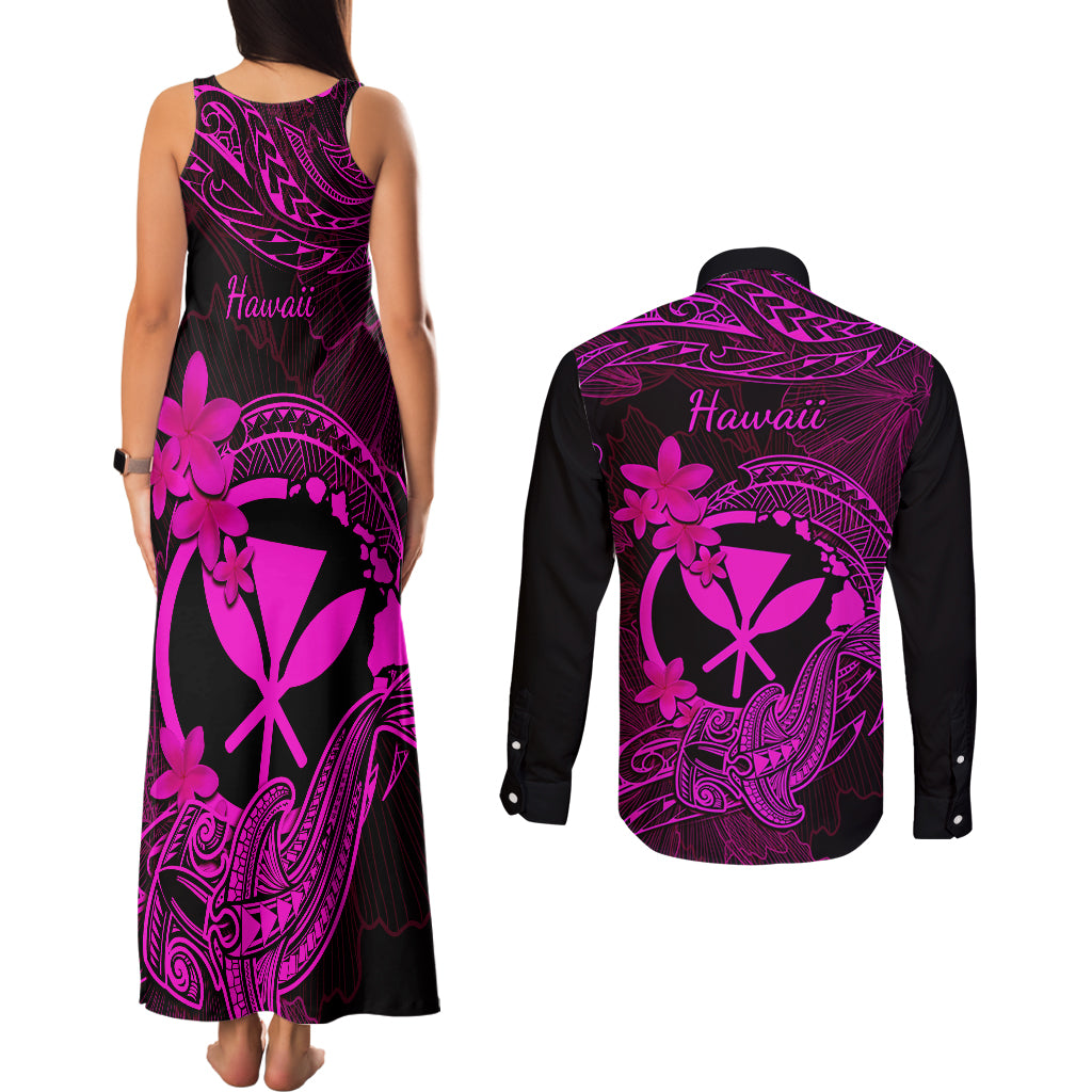 Hawaii Couples Matching Tank Maxi Dress and Long Sleeve Button Shirts Hammerhead Shark Tattoo Mix Polynesian Plumeria Pink Version LT14 - Polynesian Pride