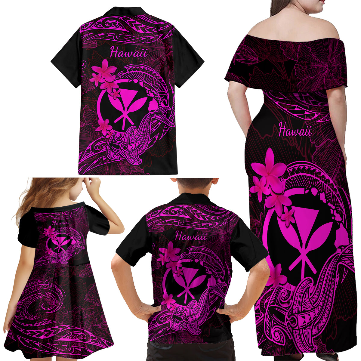 Hawaii Family Matching Off Shoulder Maxi Dress and Hawaiian Shirt Hammerhead Shark Tattoo Mix Polynesian Plumeria Pink Version LT14 - Polynesian Pride