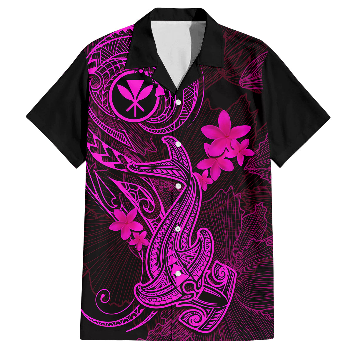 Hawaii Family Matching Off Shoulder Maxi Dress and Hawaiian Shirt Hammerhead Shark Tattoo Mix Polynesian Plumeria Pink Version LT14 Dad's Shirt - Short Sleeve Pink - Polynesian Pride