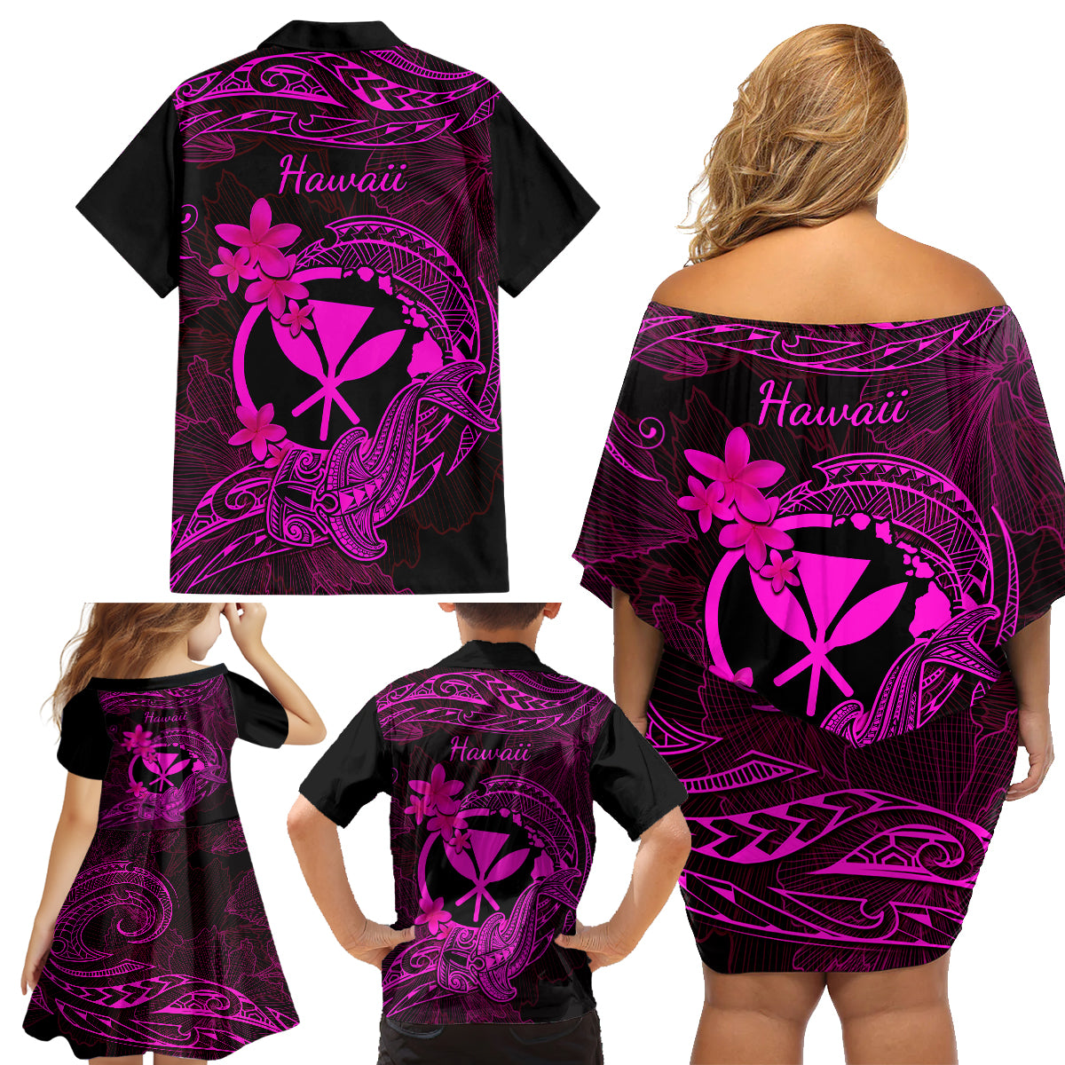 hawaii-family-matching-off-shoulder-short-dress-and-hawaiian-shirt-hammerhead-shark-tattoo-mix-polynesian-plumeria-pink-version
