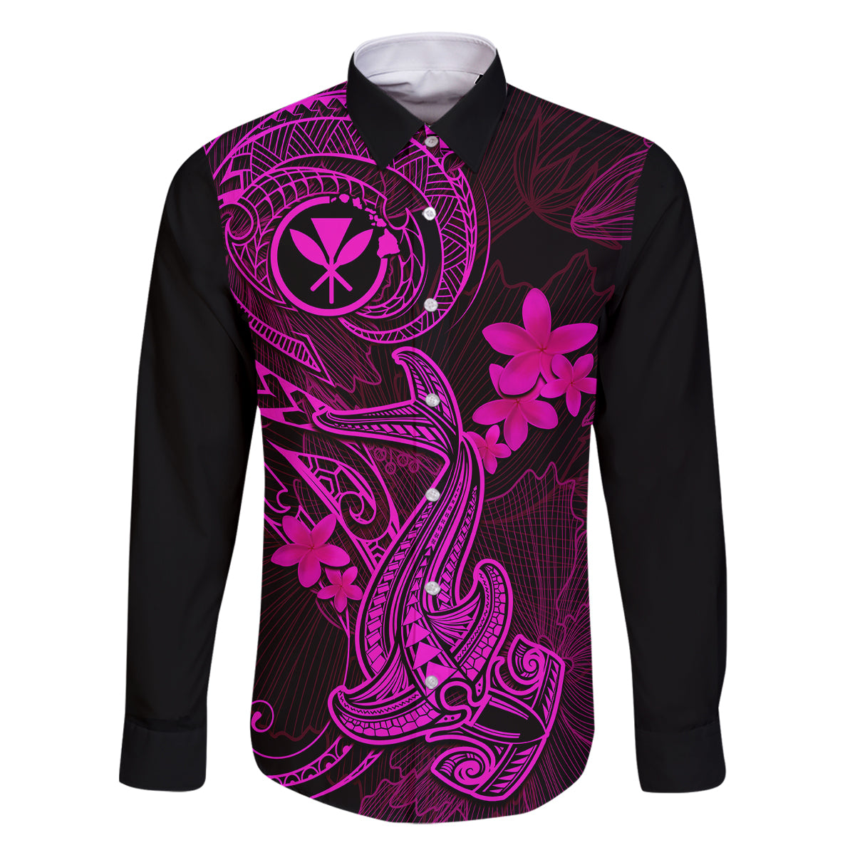Hawaii Family Matching Tank Maxi Dress and Hawaiian Shirt Hammerhead Shark Tattoo Mix Polynesian Plumeria Pink Version LT14 Dad's Shirt - Long Sleeve Pink - Polynesian Pride