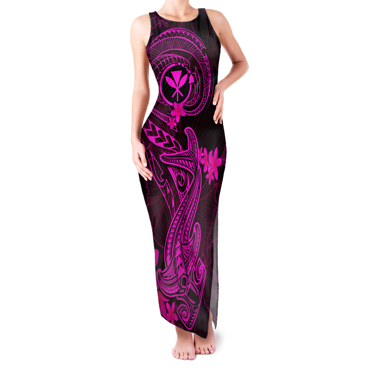 Hawaii Family Matching Tank Maxi Dress and Hawaiian Shirt Hammerhead Shark Tattoo Mix Polynesian Plumeria Pink Version LT14 Mom's Dress Pink - Polynesian Pride