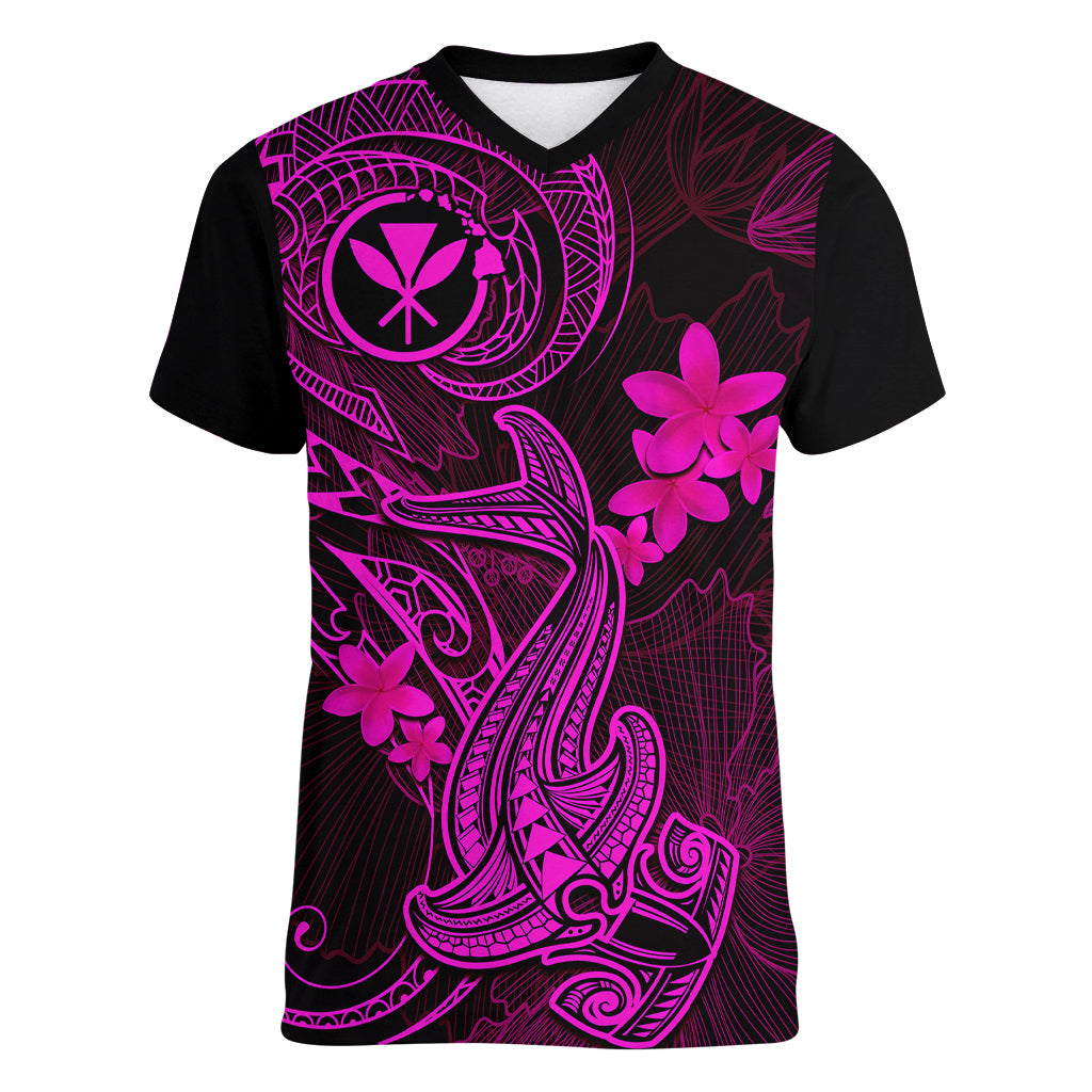 hawaii-women-v-neck-t-shirt-hammerhead-shark-tattoo-mix-polynesian-plumeria-pink-version